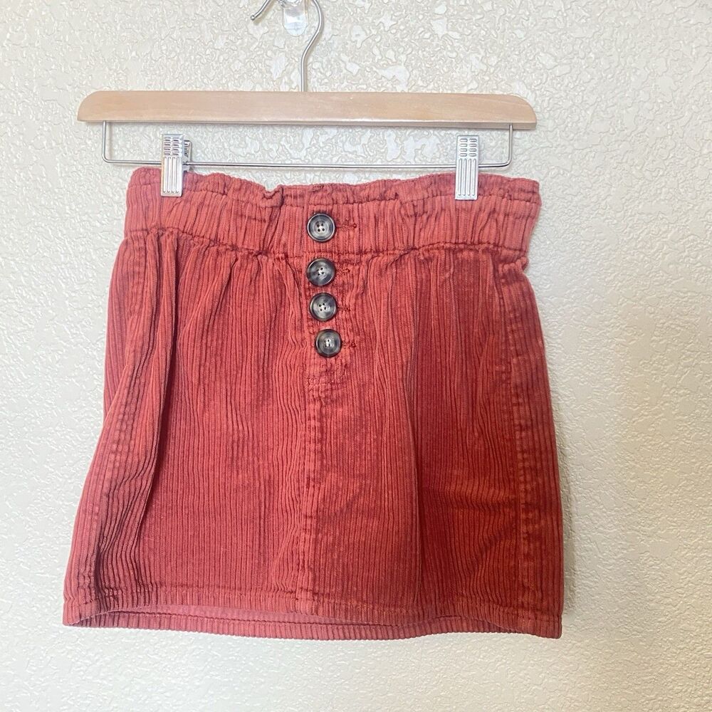 Pacsun Juniors Corduroy Red Orange‎ Skirt Size 23 Elastic Waist Button Front